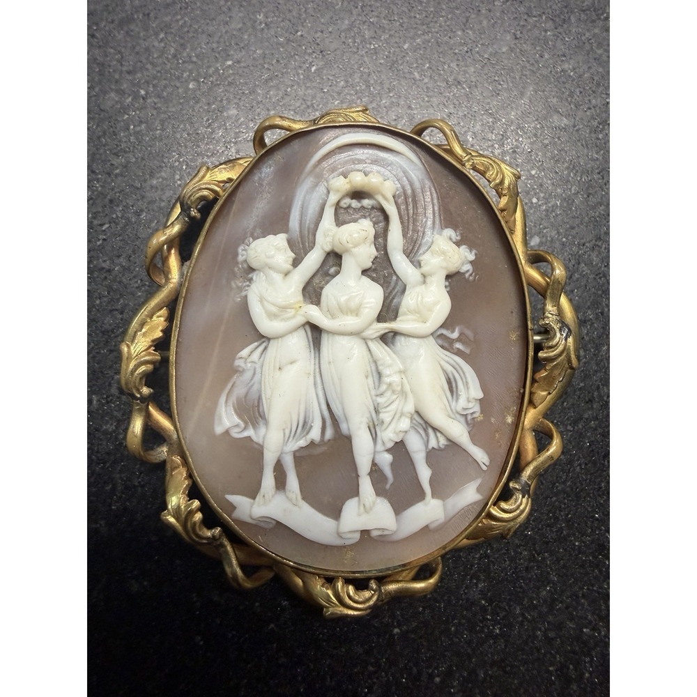 Antique Victorian Carved Shell Cameo Brooch The Three Graces Brass C-Clasp